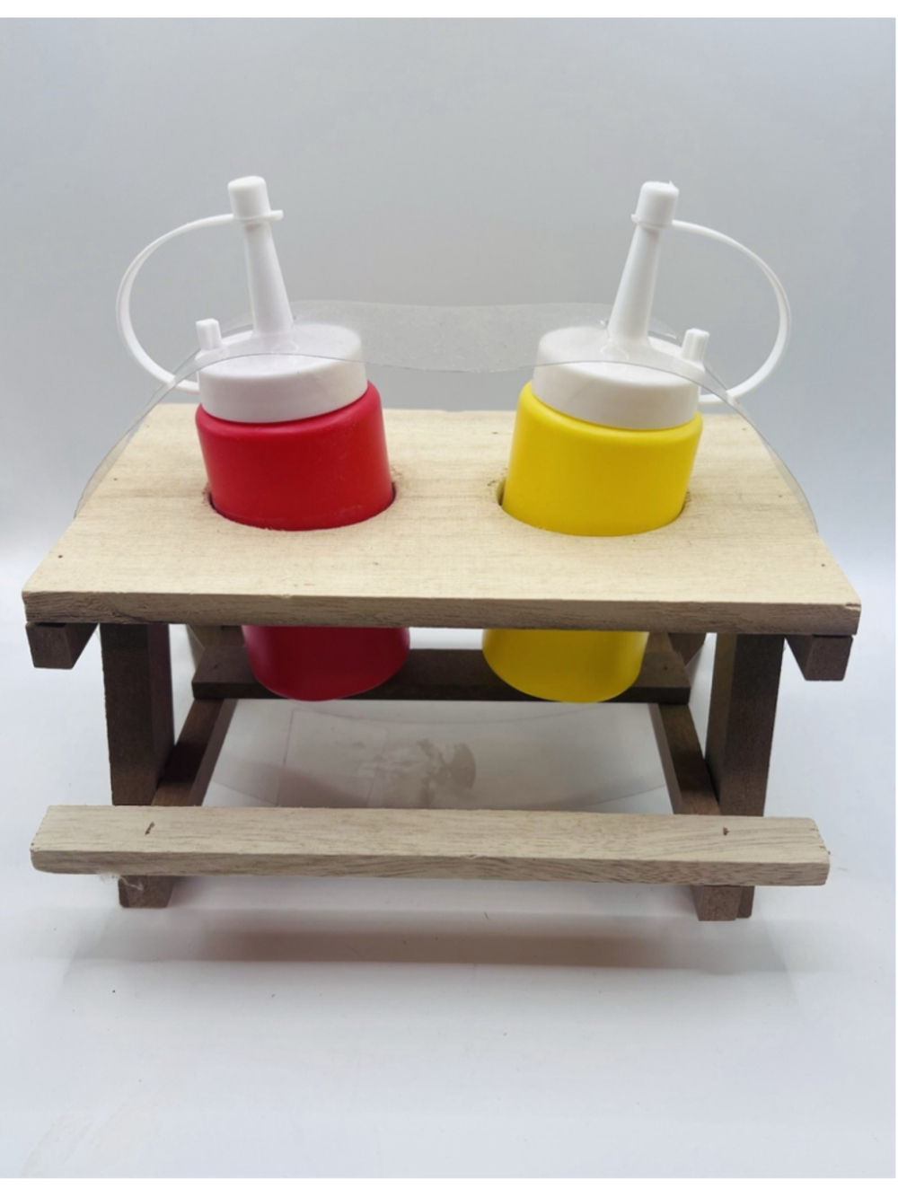 Picnic Table Ketchup Mustard Wood Condiment Holder Barbecue Cookout NEW